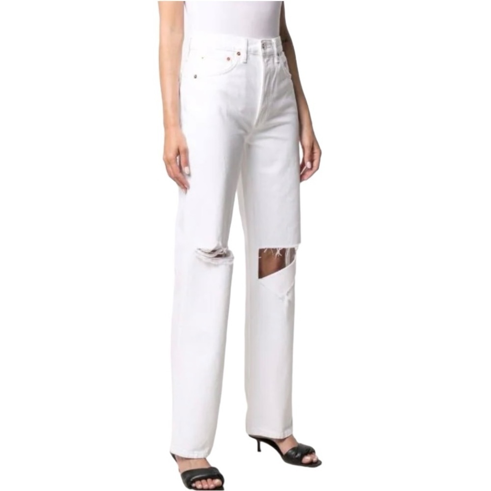 Re-Done White Pipe High Waist Distressed Straight Leg Denim Jeans Womens 26 - Picture 2 of 14